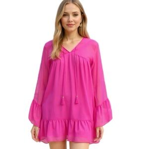 Rachel Zoe Designer Silk Ruffle Lightweight Dress Long Sleeve Boho Chic Sz 2 XS